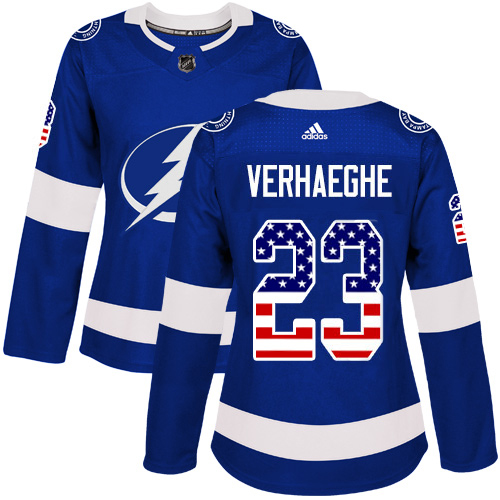 Adidas Tampa Bay Lightning #23 Carter Verhaeghe Blue Home Authentic USA Flag Women Stitched NHL Jersey
